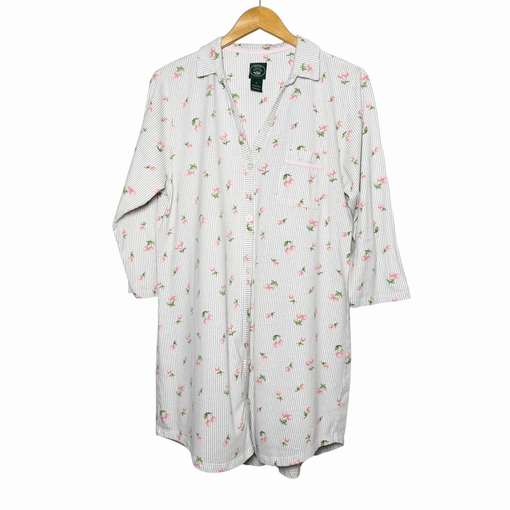 Laura Ashley Womens Sleep Shirt Size L Cherry Print‎ Button Nightshirt Pink Cozy